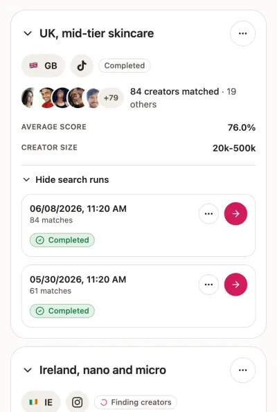 A search finishing in SocialDuck, then its results: creators opened one at a time from a ranked list, filtered to a minimum match score, and a profile showing the videos its score was worked out from.